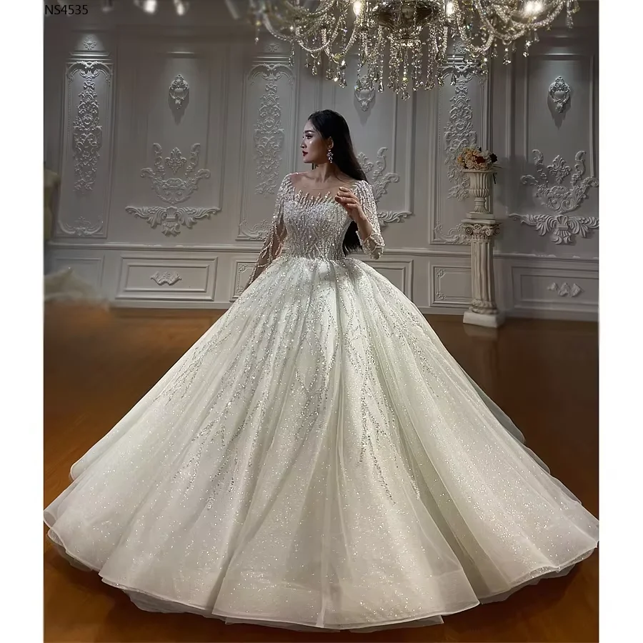 Customized Luxury Off Shoulder Wedding Dress Long Sleeve Lace Bridal Gown Beaded Sparkle Amanda Novias Official