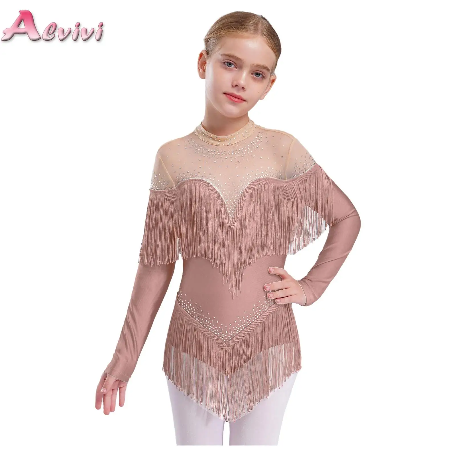 Kids Girls Tassel Latin Dance Leotard Stage Performance Costume Long Sleeve Sheer Mesh Rhinestones Bodysuit for Ballroom Tango