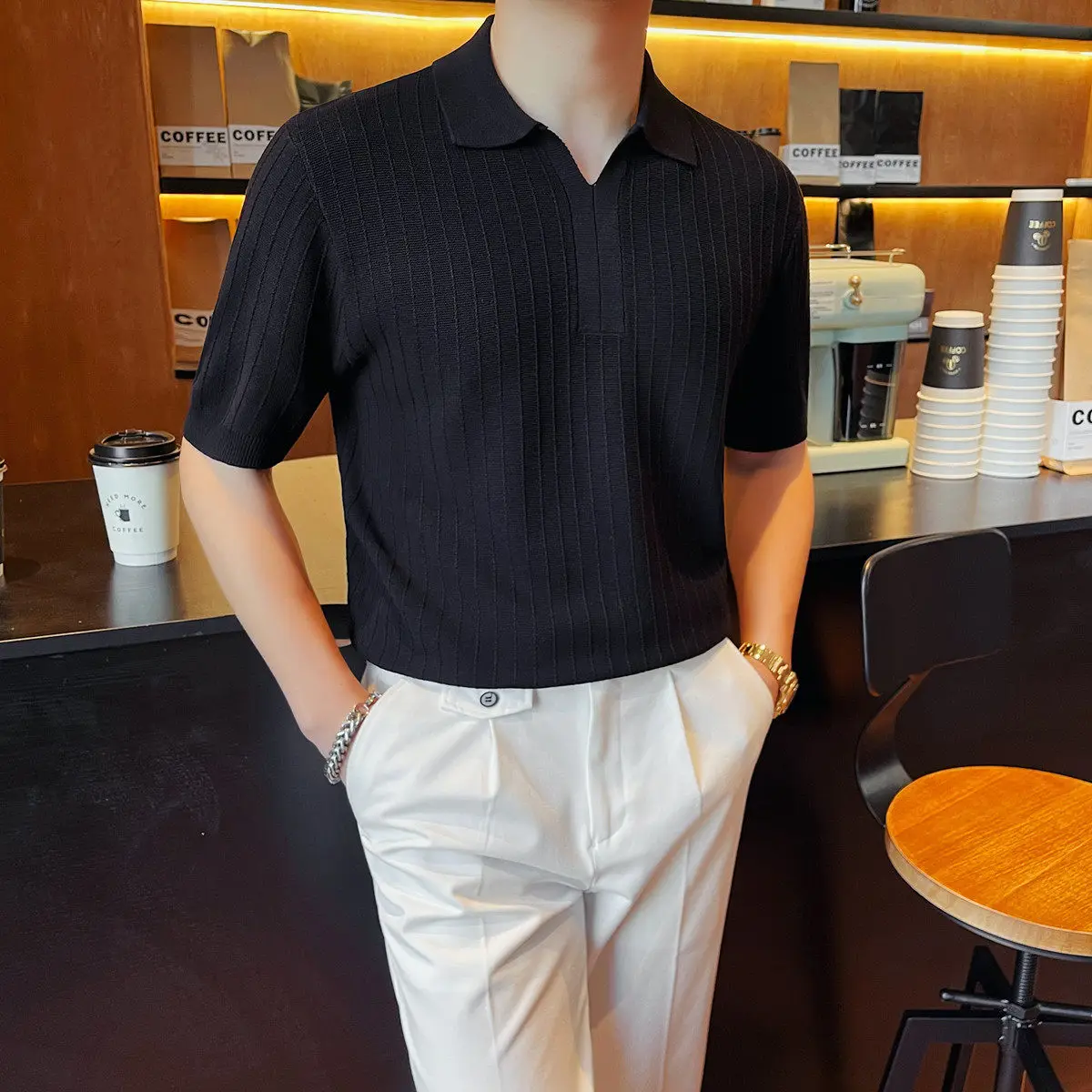 High Quality Business Striped Knitted Polo Shirts for Men Summer Slim Fit Short Sleeved T-shirt Casual Office Social T-shirts