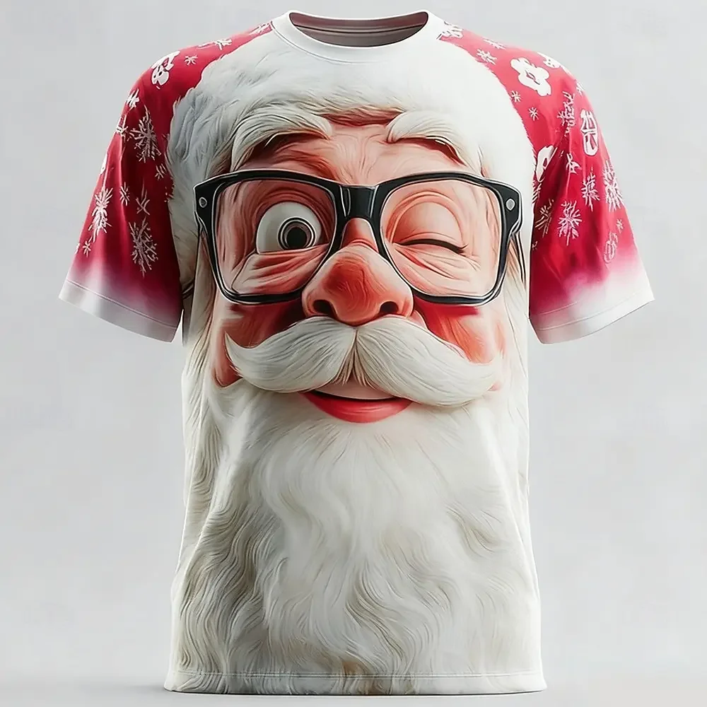 Fashion Men's 3D Cartoon Santa Claus Face Print T Shirt Red Christmas Snowflake Graphic Short Sleeve Novelty Holiday Party Tee