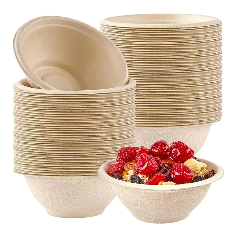 100Pcs Strong Disposable Paper Bowls,350Ml Disposable Sugarcane Paper Bowls Brown Super Rigid Biodegradable Easy To Use