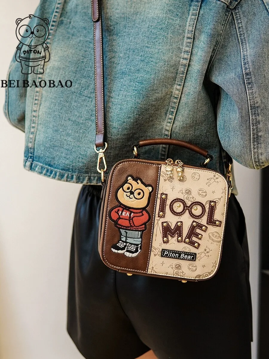 

Faionable Bear Embroidery Rivet Color Blo Women's Crossbody Bag Casual Single oulder Bag Korean Sle PU Leather Handbag