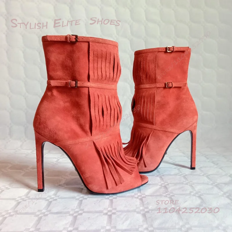 

Orange Tassel Peep Toe Stiletto Boots Women Side Zipper Open Patchwork Weave Solid Color Calf Fringe Booties Casual Lady Shoes