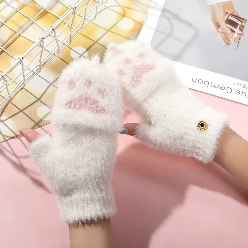 Thicken ผู้หญิง WARM Cat ถุงมือแฟชั่นสาว Cat Claw Paw Plush Mittens Soft Plush สั้น Fingerless Half Finger ถุงมือฤดูหนาว