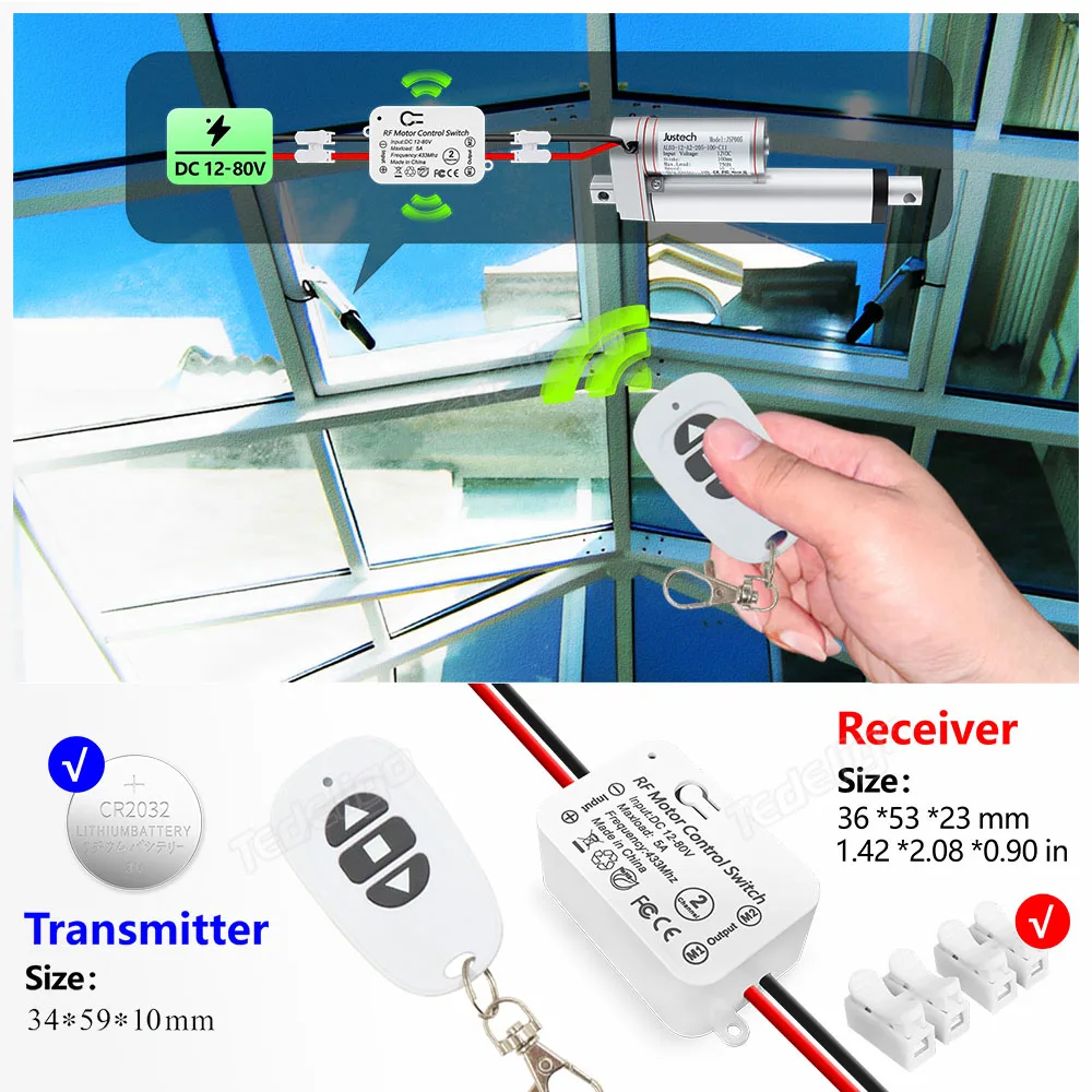 433Mhz Wireless DC Motor Remote Control Switch 12V 24V 48V 5A Receiver Controller with Transmitters for Garage Door Curtain
