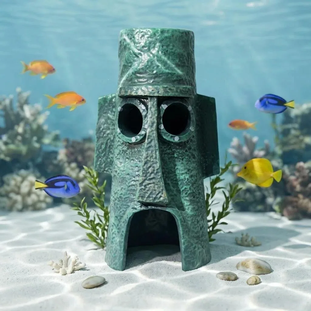 Cartoon Moai Statue Aquarium Decor, Resin Fish Tank Ornament Hideout Cave for Small Fish, Safe for Fresh/Salt Water, Stable Base