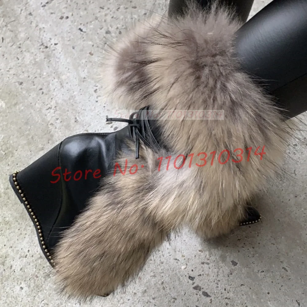 Fur Pointy Wedge Ankle Boots Ladies Newest Beige Rive Trim Lace-up Suede Heels Boots Women Luxury Stylish Big Size Furry Shoes