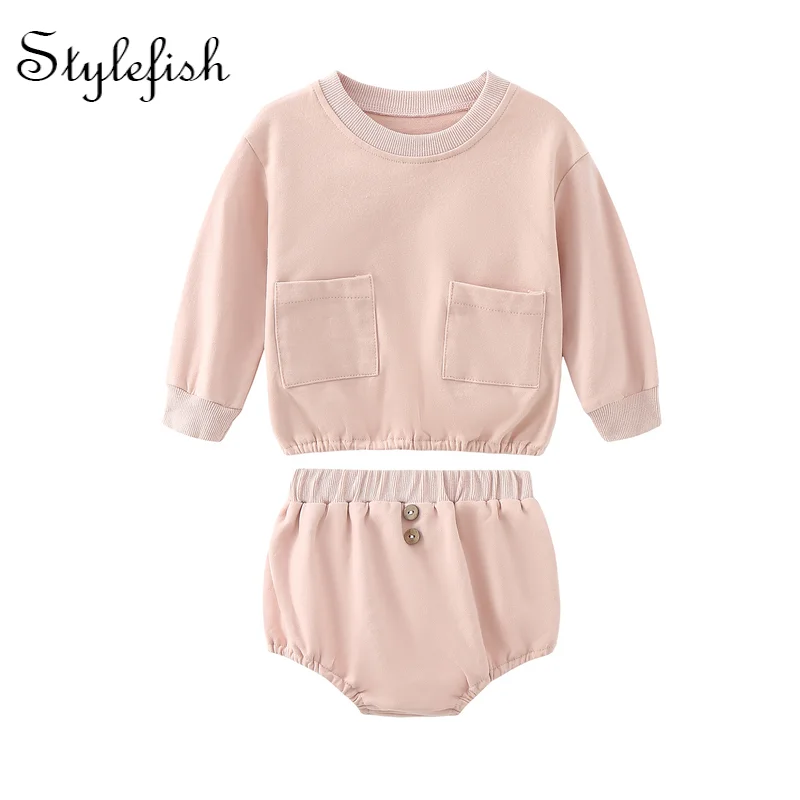 

Autumn 2022 baby set large pocket round neck long sleeve top + bread pants baby 2-piece set