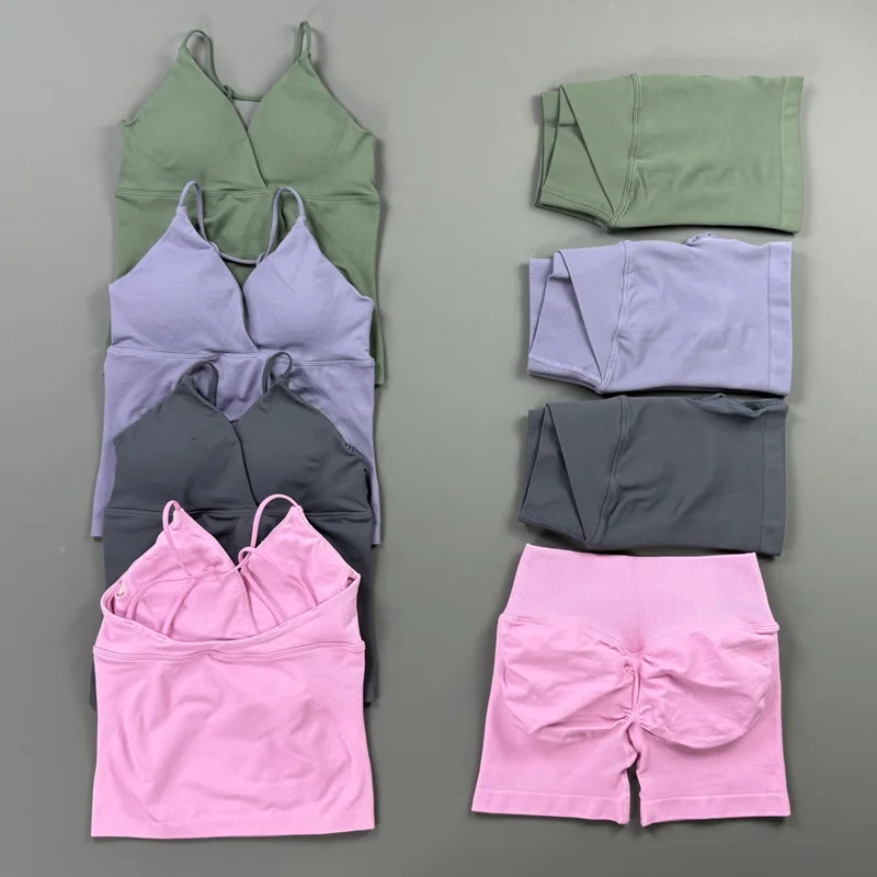 2 Piece Workout Shorts Set Women Seamless Cross Waist Biker Shorts Halter Neck Tank Top Sets High Support Gym Fitness Sports Set