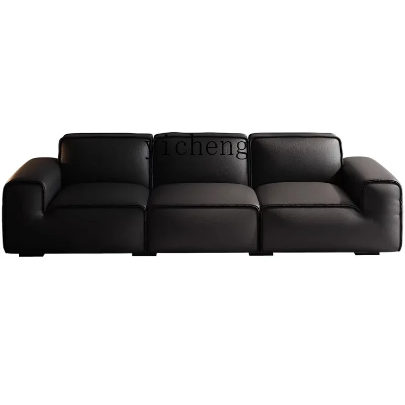 Tqh Modern Simple Big Black Cow Leather Sofa Living Room High-End New Elegant Small Apartment Straight Row Leather Sofa