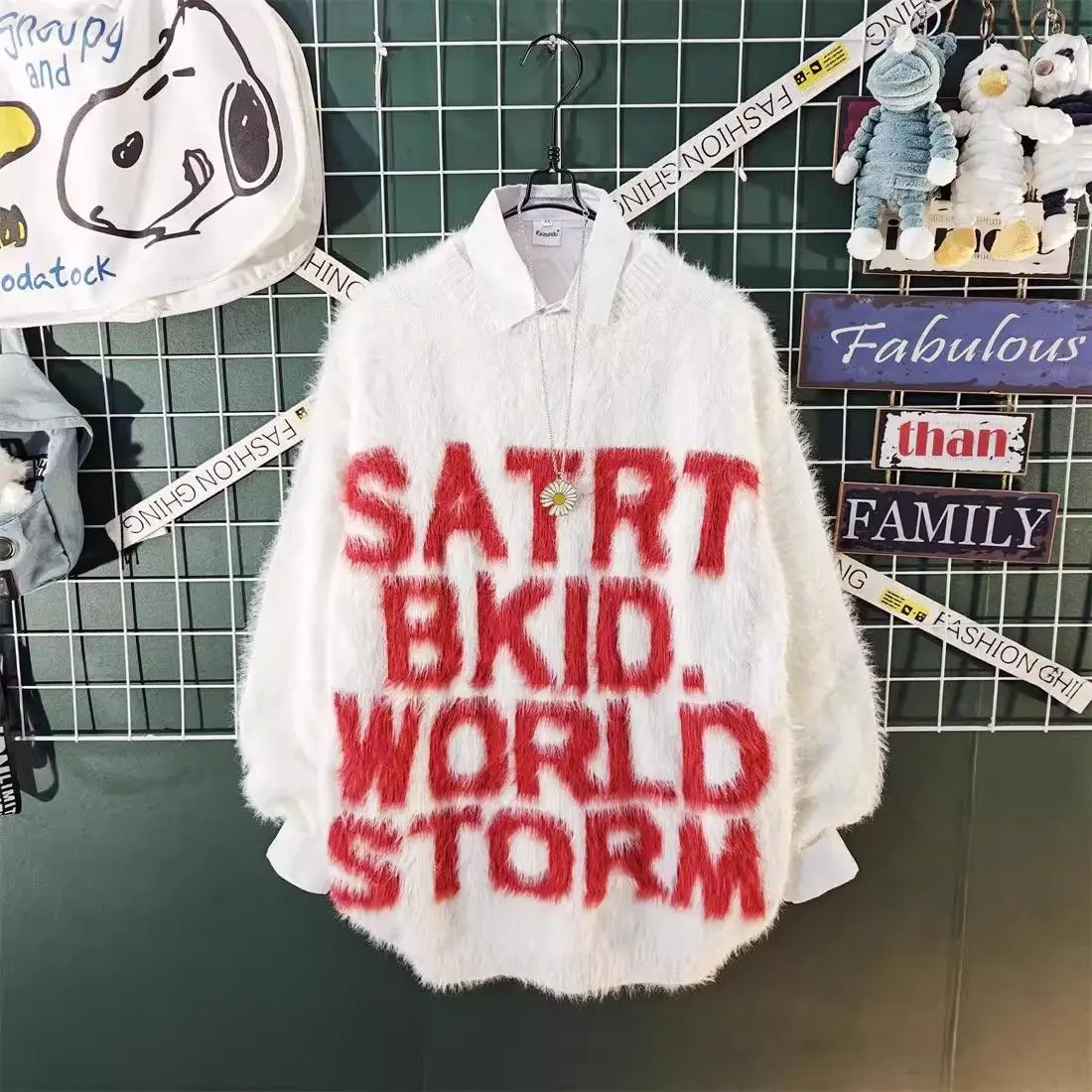 

Retro American Knitwear Sweater Loose Fit Overhead for Men And Women Autumn Winter Warm Casual Polyester Fiber round Ne