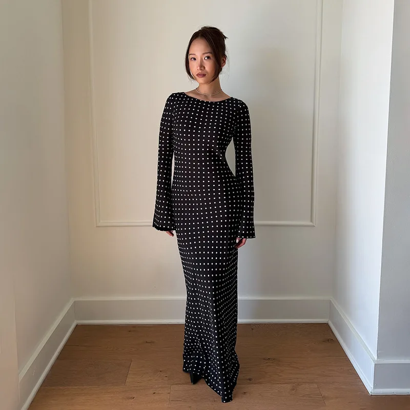 JY25447P البولكا نقطة 2025 الخريف جديد عصري أنيق سليم فستان طويل للنساء