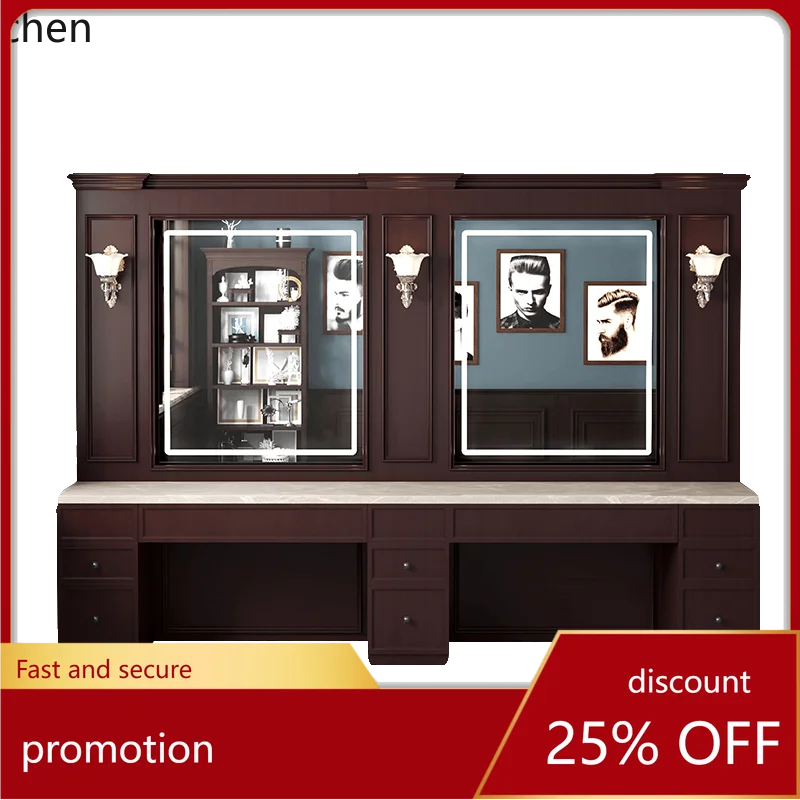 YFY Oil Head Salon Barber Shop Mirror with Light Hair Salon Mirror Barber Solid Wood Barber Shop Mirror Cabinet Integrated