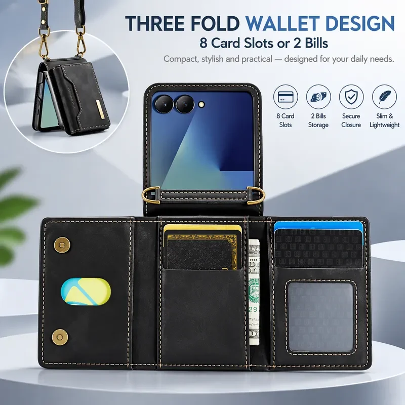 Leather Crossbody Wallet Case for Samsung Galaxy Z Flip 8 7 6 5 4 3 with Card Slots Holder Phone Cover Funda Hoesje Coque