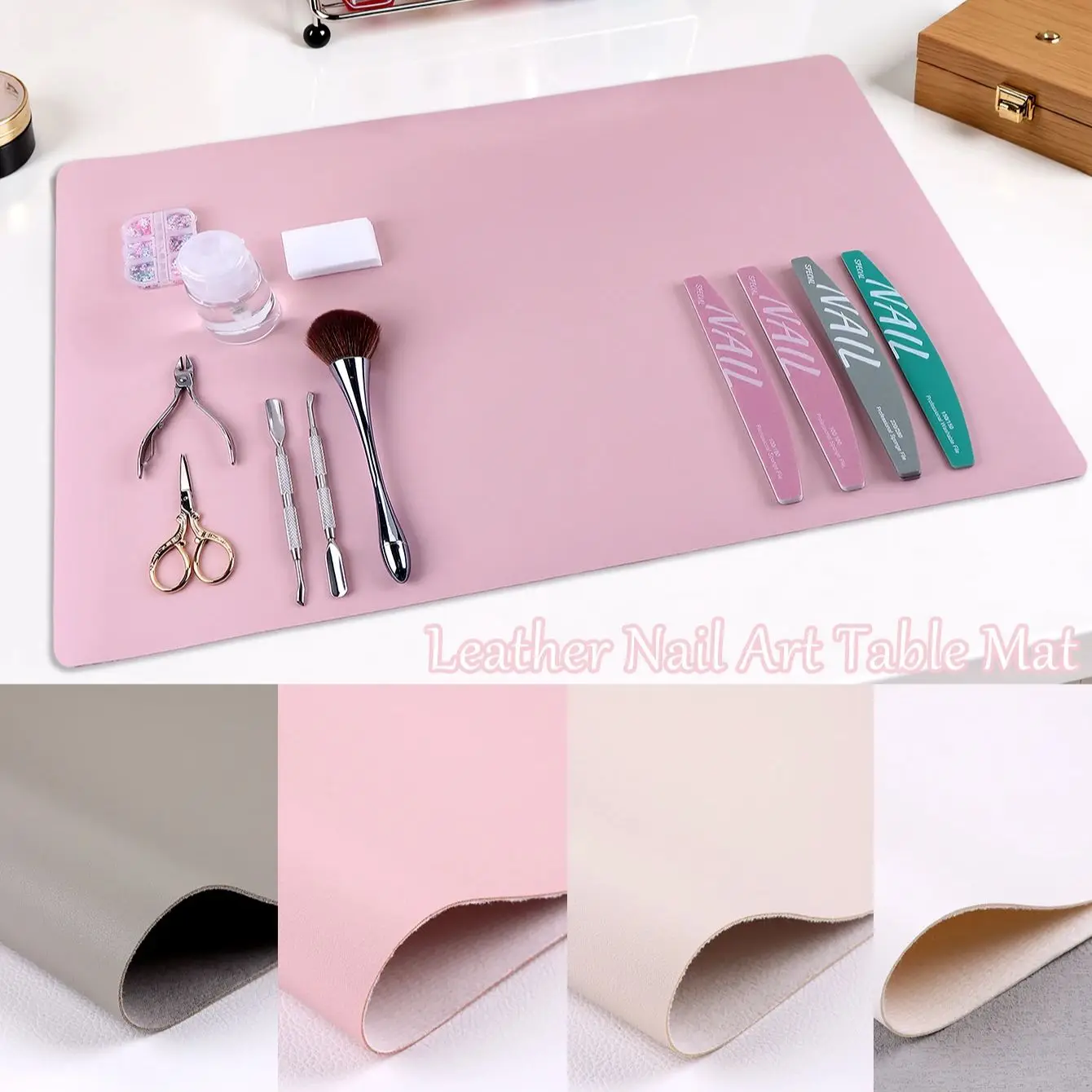 Tappetino per nail art, tappetino per unghie in morbida pelle PU in microfibra rosa bianca, tappetino pieghevole per nail art, tappetino per unghie riutilizzabile per scrivania da tavolo