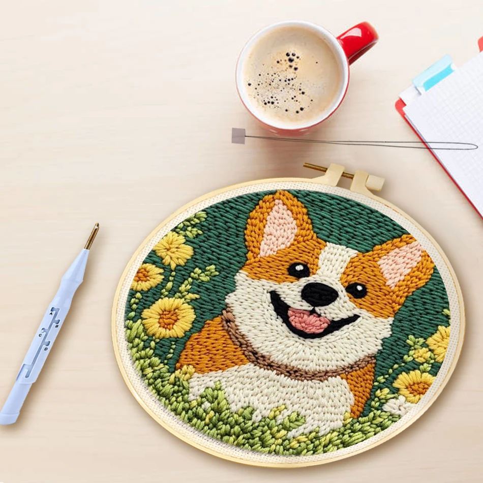 

DIY Punch Needle Kits for Beginners Adults Cute Dog with Flower Punch Needle Embroidery Starter Craft Kit with Yarns Hoop