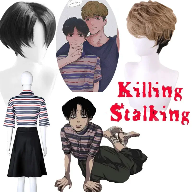 Killing Stalking Yoon Bum 2020 OH Killing Stalking SangWoo 짧은 가발 코스프레 남성용 패션 가발 티셔츠와 스커트 드롭셋 J, 3PICS