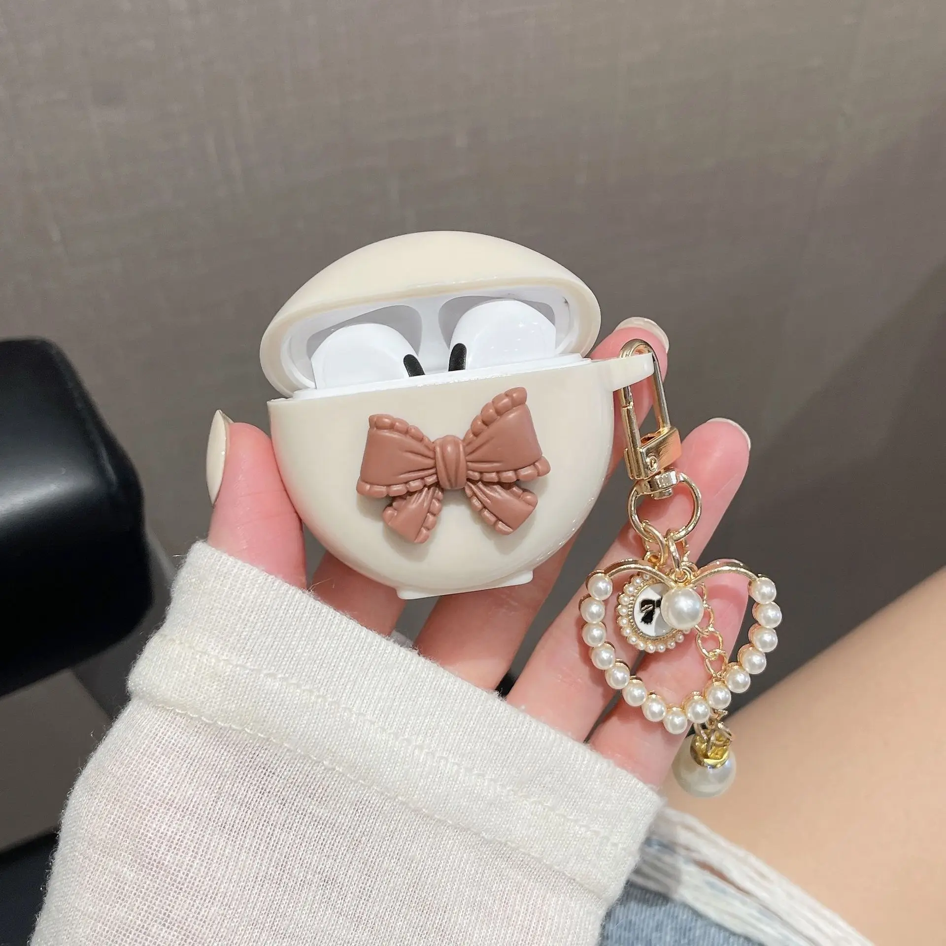 Étui de luxe pour écouteurs Lenovo HT38 TWS, avec nœud en forme de cœur d'amour, housse de protection beige mignonne pour Air Pro 6 TWS, avec porte-clés