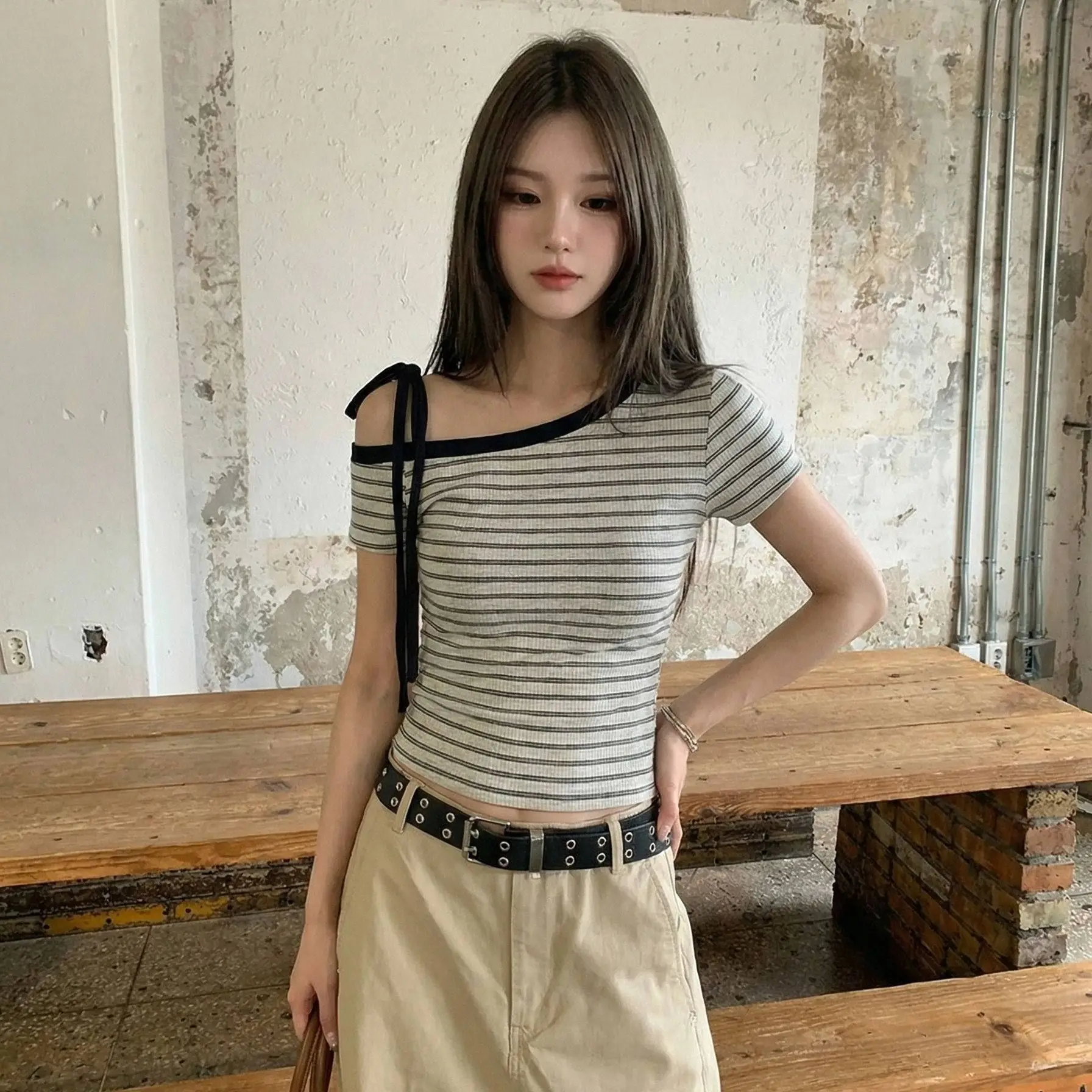 Summer Stripe Color Block Short Sleeve Women's T-shirt Shoulder Baring Design Cotton Slimming Versatile Top Trendy Knot Detail
