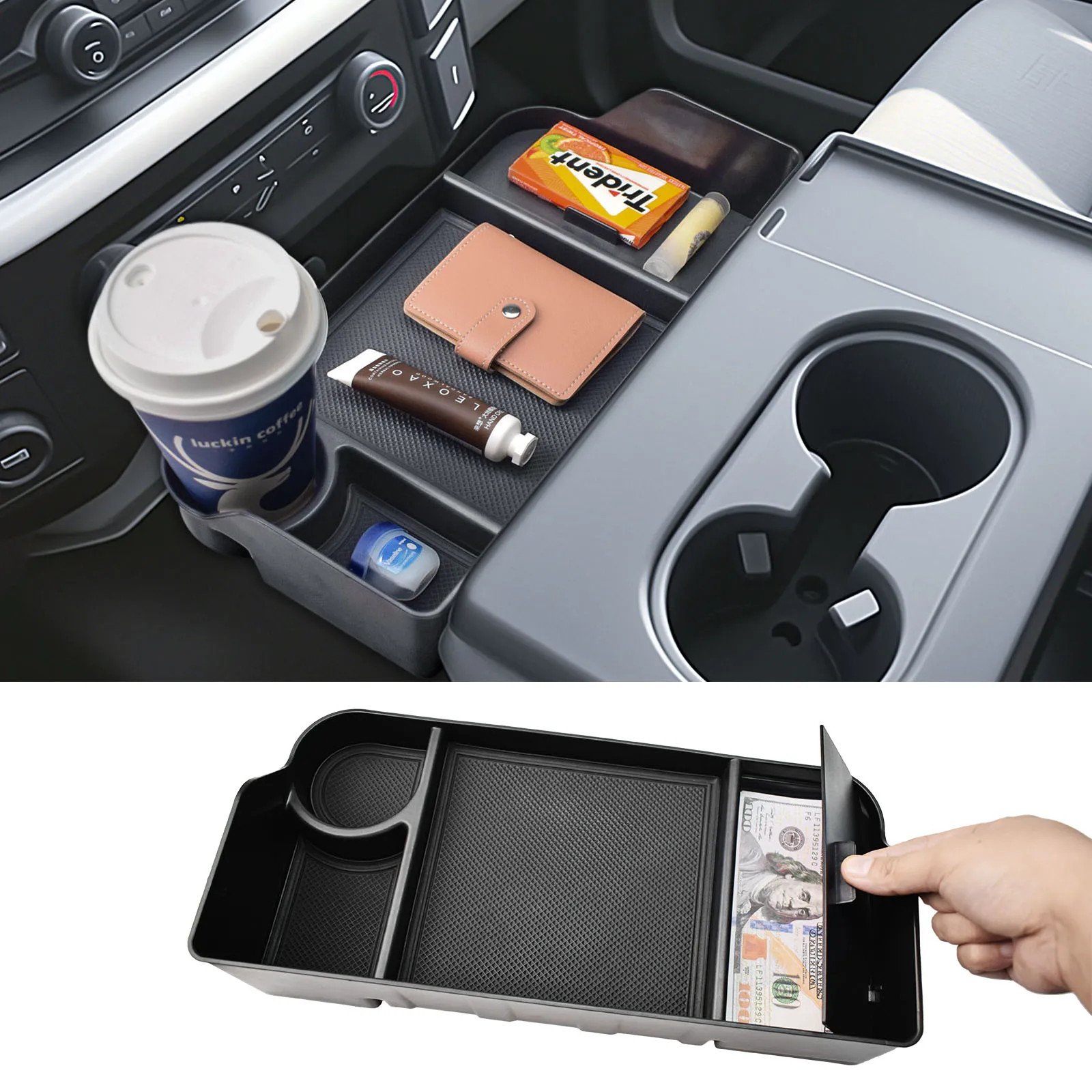 

Center Console Organizer for 2011-2024 2025 Ford F150 F250 F350 F450 F550 F650 Front Center Seat Headrest Cup Holder Storage Box