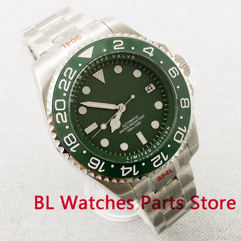 BLIGER 43mm Silver Case Mechanical Men\'s Watch Green ChapterRotating Bezel Ceramic Insert 24Jewels NH35A MIYOTA 8215 Steel Strap