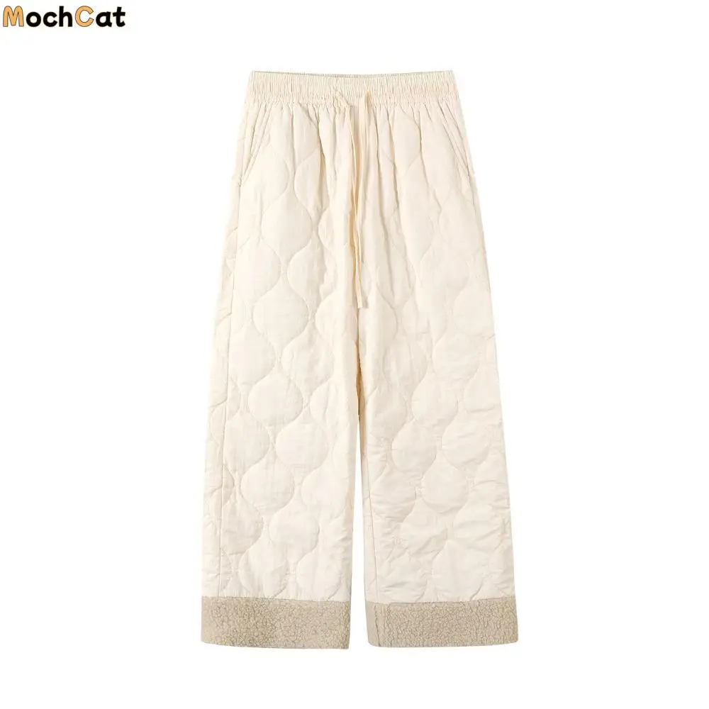 

Fashion Wide Leg Thick Flannel Pants Causal Simple Baggy Straight Trousers Warm High Waist Windbreak Cotton Pants Ski Pants