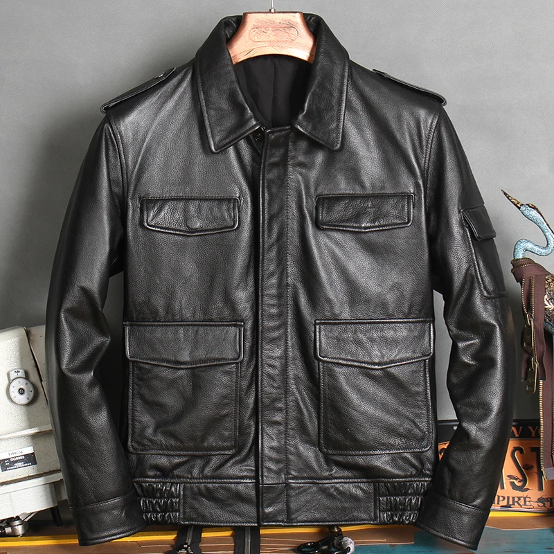 

2025 Quilted Men's Short Genuine Leather Jacket, Notched Lapel Full-Grain Cattle Hide Multi-Pocket Biker Safari Style