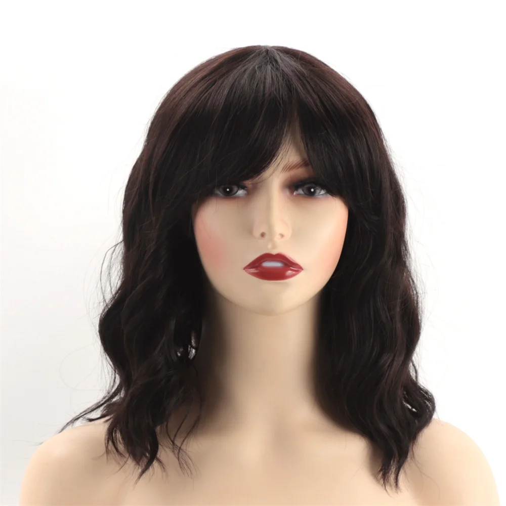 Synthetic Women Short Water Wave Ripple Wig Natural Fluffy  Pink Air Bangs Collarbone Hair Medium Length Mixed Ombre Black Brown