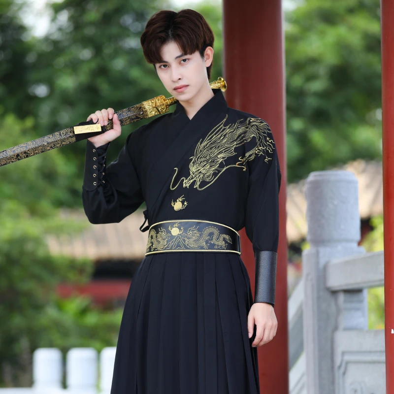 Warrior Black Hanfu For Men Chinese Traditional Ethnicstyle Phoenix Embroidery Japanese Samurai Party Cosplay Swordsman Costume