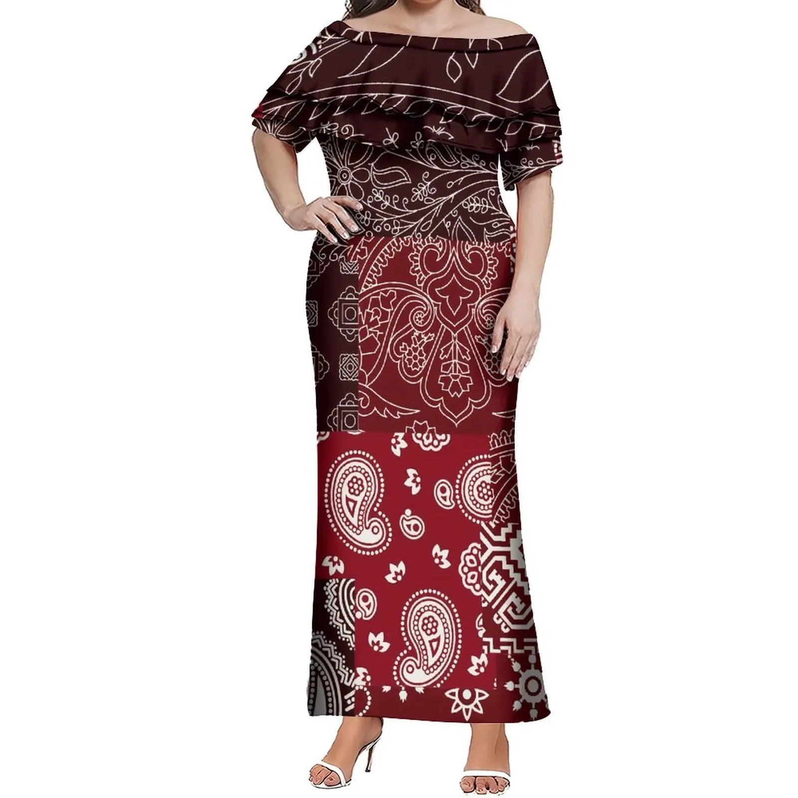 Elegante vestido de emagrecimento de folha de lótus de camada dupla de um ombro para o verão bandana vestido de festa e festival personalizado feminino