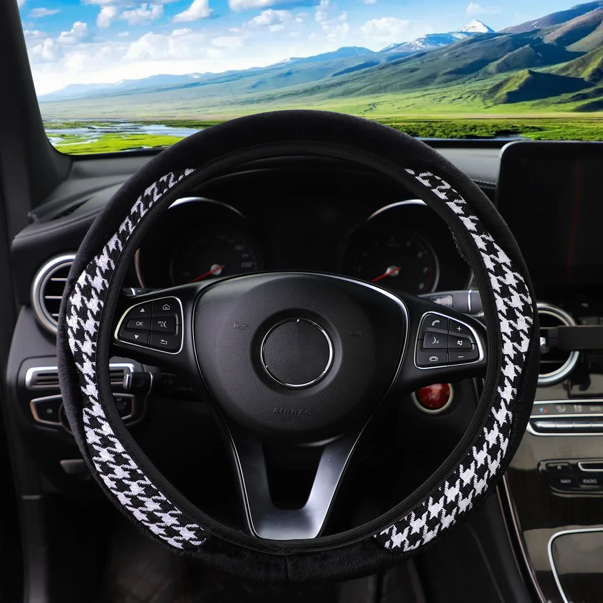 

Houndstooth Plush Rabbit Fur Steering Wheel Cover Universal Fit 14.5 to 15 Inch Hubless Car Decoration For Women