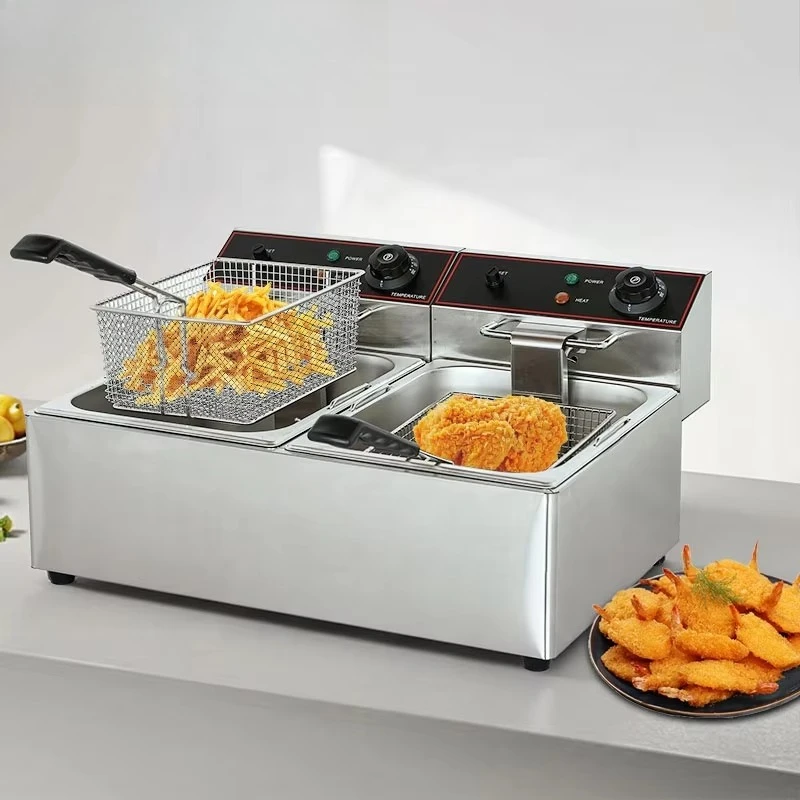 Commercial electric fryer, high-quality stainless steel heavy-duty dual-slot desktop thermostat, suitable for restaurant use