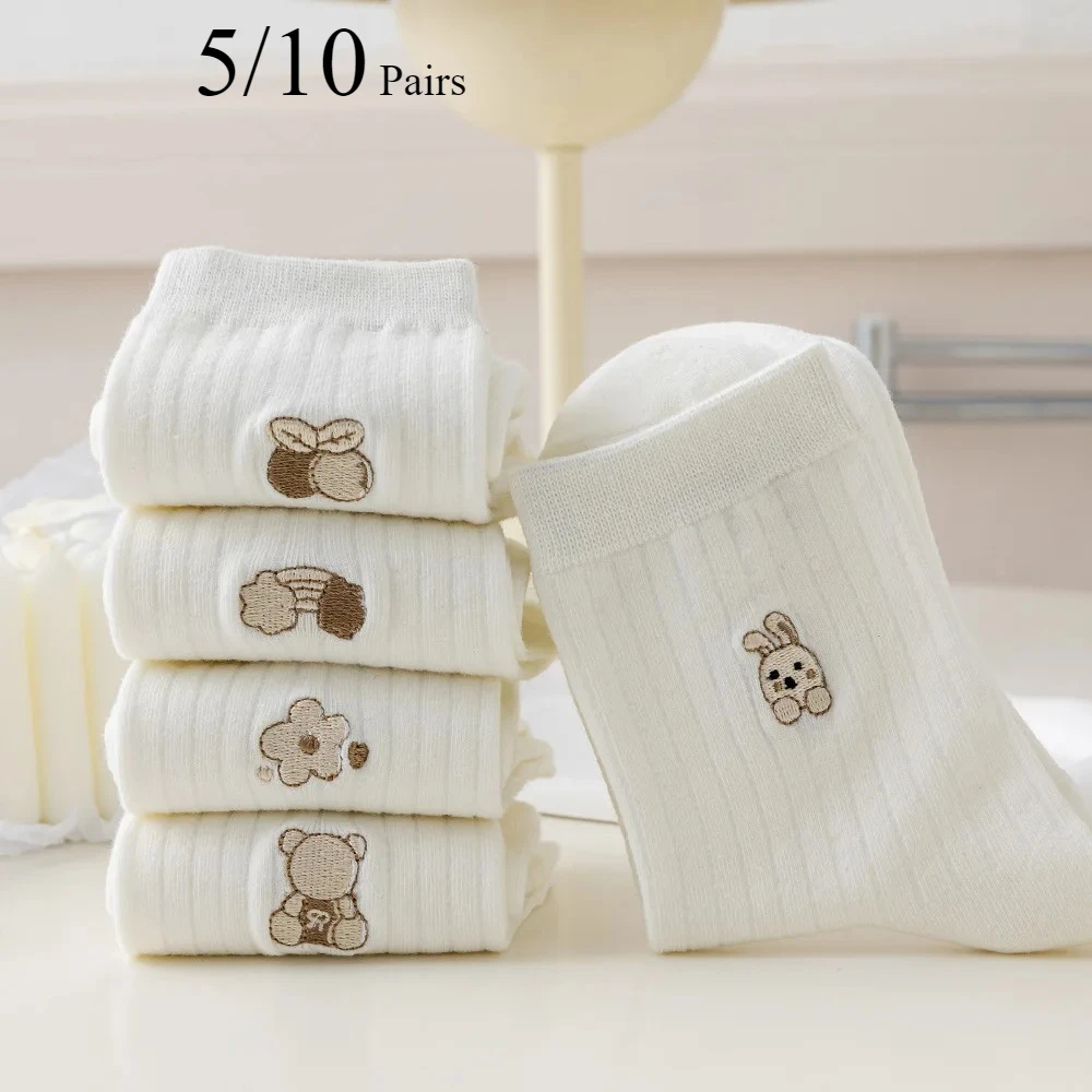 5/10 Pair Women's Round Neck Socks High Quality Autumn Winter Cute Cartoon Breathable Fashion Sock female Soft Medium Tube socks