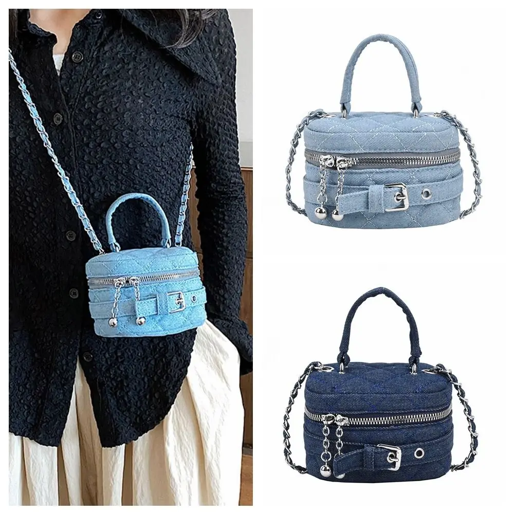 

Fashion Lingge Denim Bucket Bag Chain Shoulder Crossbody Bag Trendy Handbag Women Small Lipstick Bag Coins Purses