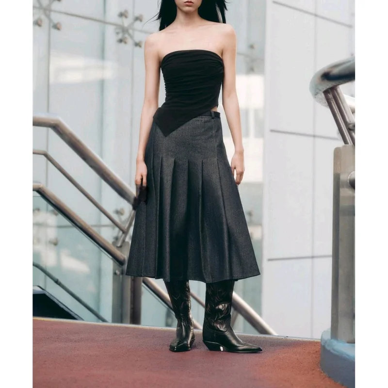 

Autumn New Arrival Casual High Waist Midi Skirt with Belt Women's Denim Pleated Skirt Stand Fit Polyester Fiber Skirt
