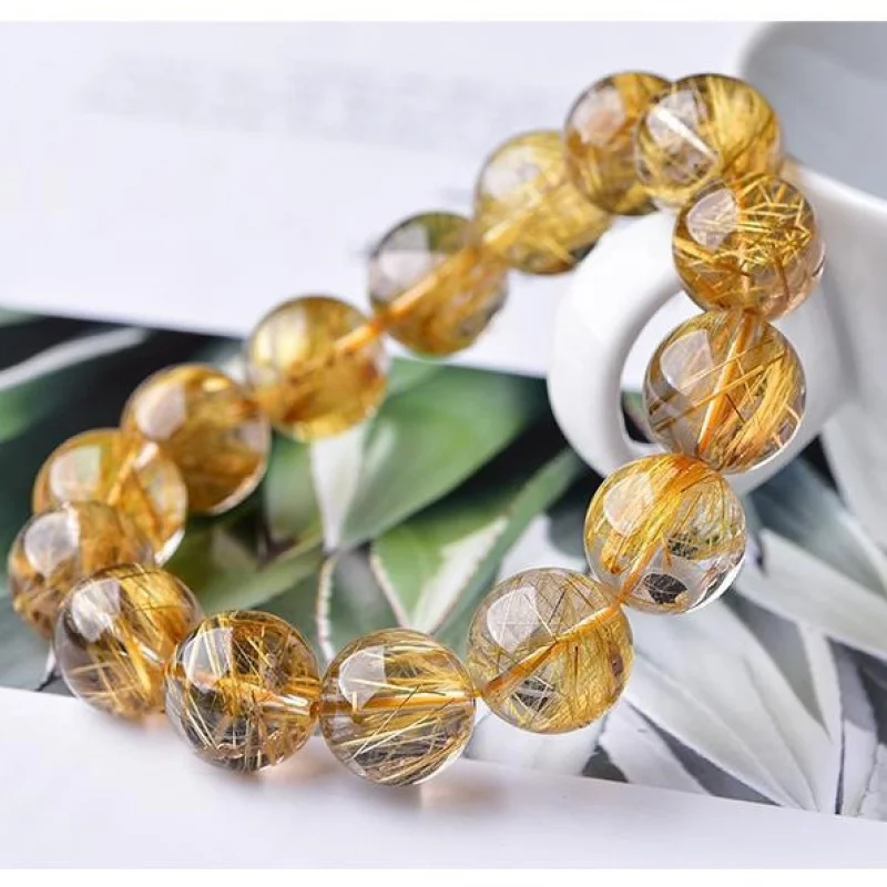 

Brazilian natural golden rutilated quartz , yellow crystal multi-loop bracelet for men and women, titanium cry