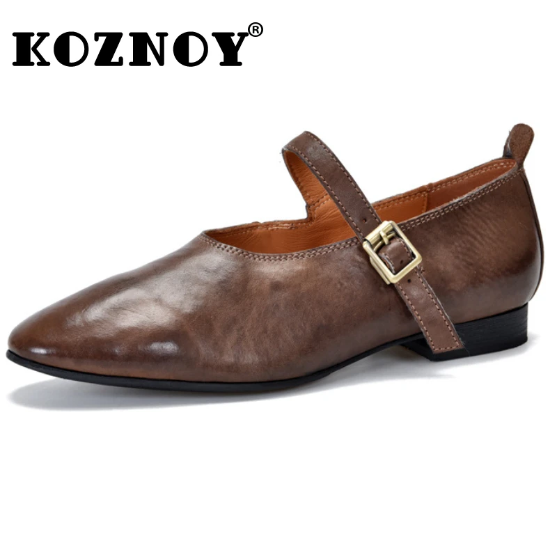 Koznoy 2cm Oxford Woman Ethnic Hollow Point Toe Moccasins Summer Flats Loafers Coffee Genuine Leather Soft Soled Buckle Shoes