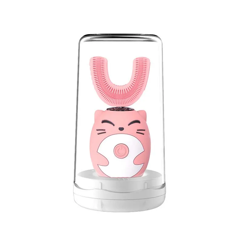 الغذاء الصف القط الكرتون سيليكون مقاوم للماء 360 جميع مدور سونيك مقاوم للماء قابلة للشحن U شكل فرشاة الأسنان الكهربائية للأطفال