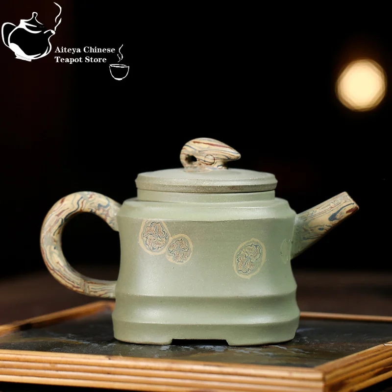 Yixing handmade purple clay teapot, raw ore, green clay, ground clay, contentment, happiness, Kung Fu tea set, Chinese teapot