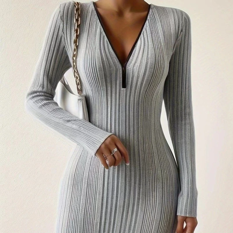 

Temperament Elegant Dress Slim Waist Zipper V-neck Bag Hip Knit Bottoming Sweater Dress Autumn and Winter Fashion Women's Dress