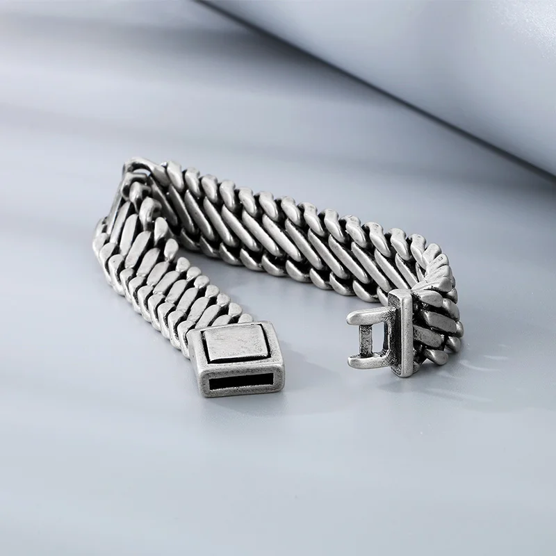 Fongten 22cm Twisted Braid Bracelet for Men Stainless Steel Cuban Chain Male Bracelets Bangle Ancient Silver Color Jewelry