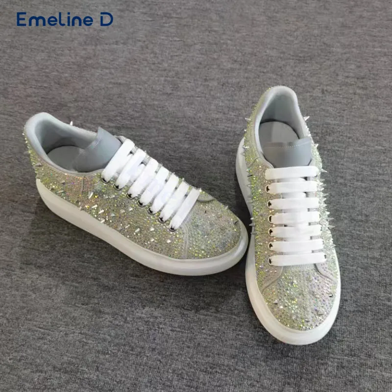 Shiny Diamond-Covered Lace-Up Thick-Soled Shoes Round Toe Studs Fashionable Casual Shoes Versatile and Comfortable Shoes