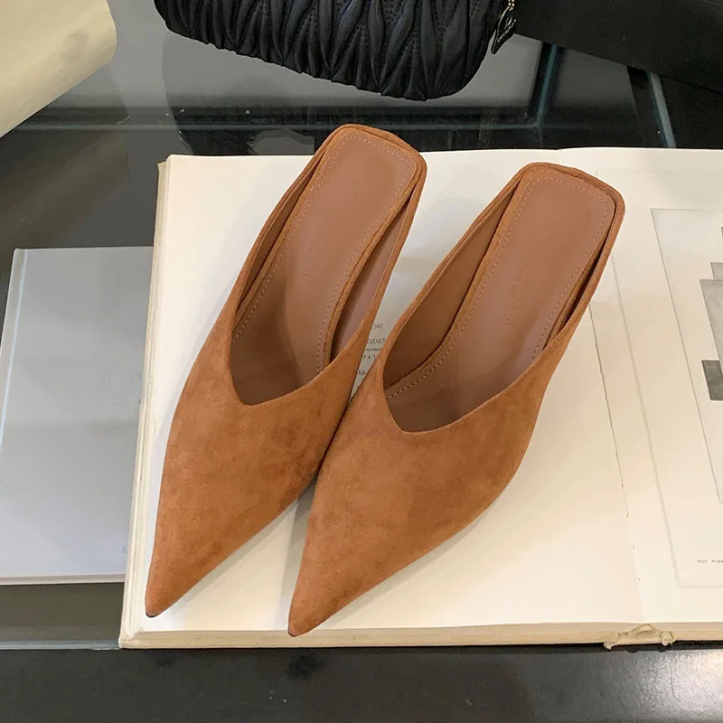 

Fashion Pointed Toe Ladies Medium Heels Slippers Shoes Female Slides Heeled Slippers Sandals Shoes For Women Mules 2025 New