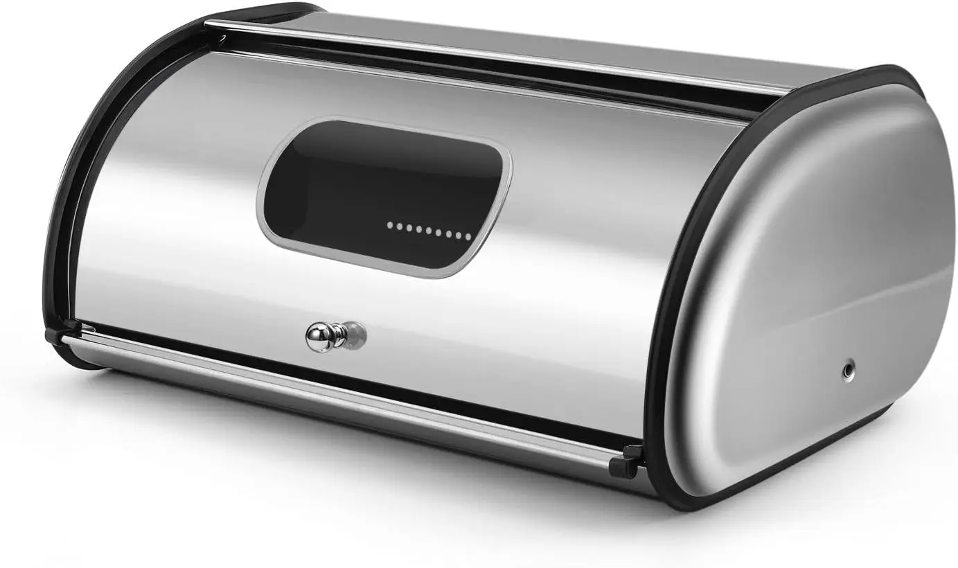 

Stainless Steel Bread Storage Box with Roll-Up Lid & Window - 17 Inch Kitchen Countertop Organizer for Cakes, Buns & Pastries