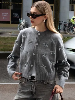 MSCSZ 春秋グレーニットカーディガンセーター弓 O ネックシングルブレストエレガントな女性ジャケットニットクロップドコート