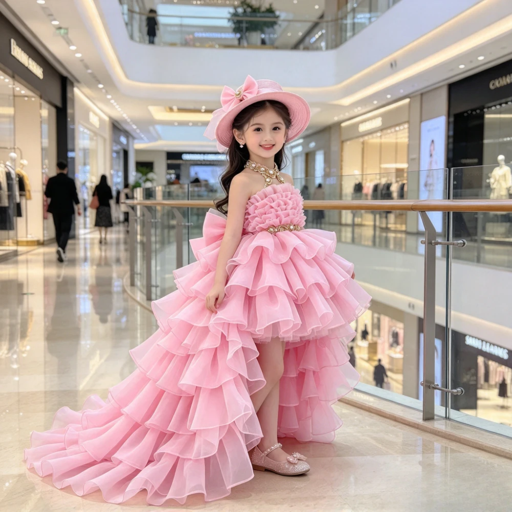 2026 New Style Pink Gown Children Birthday Princess Dress Wedding Flower Girl Host Catwalk Performance Outfit Fashion Train