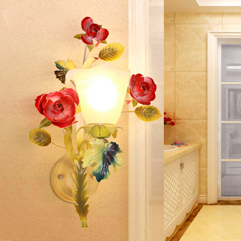 

Korean-Style Pastoral Wall Lamp Flower Lamp Wrought Iron Bedside Lamp Simple Flowers and Plants Double-Headed Monocephalic Wall