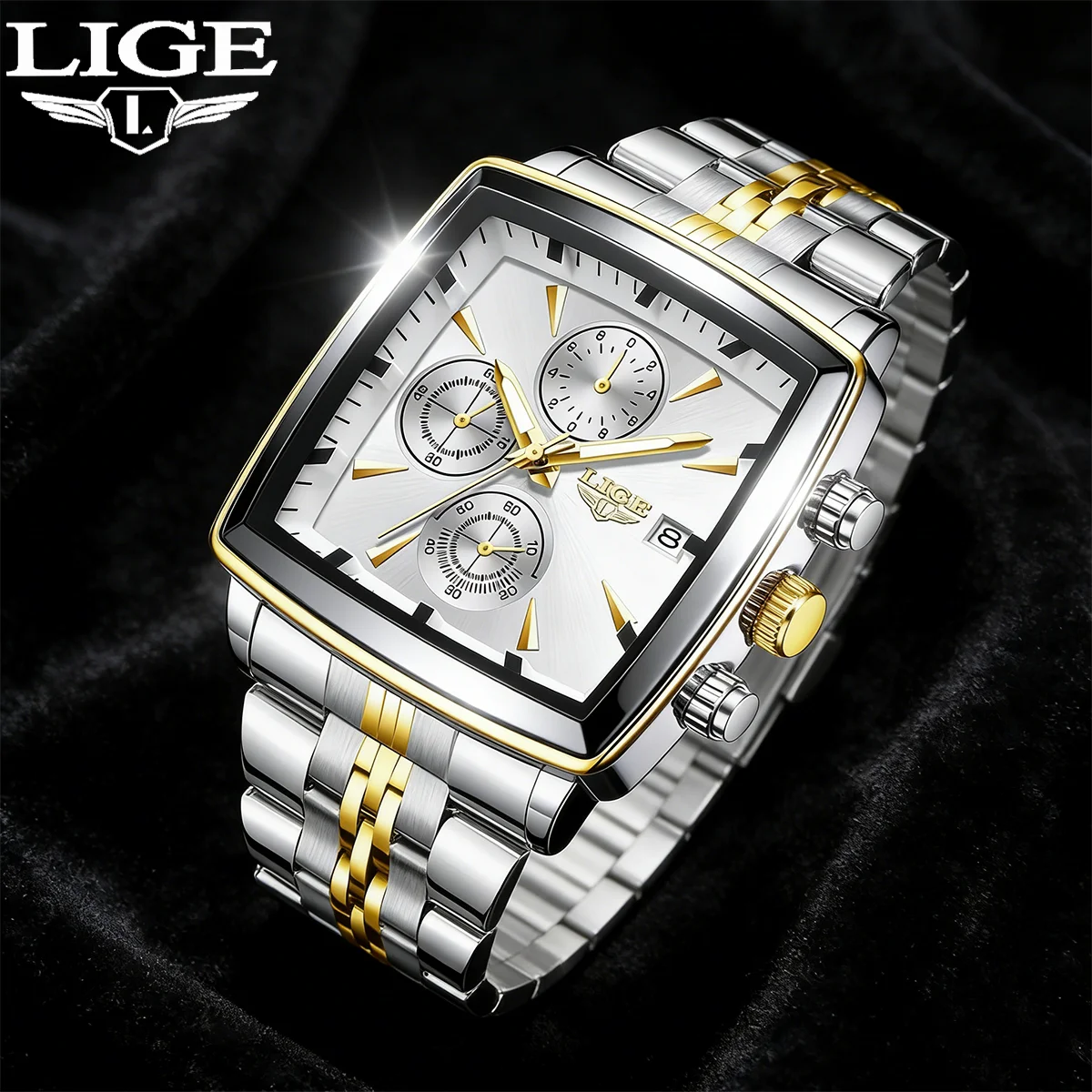 LIGE Business Men's Watches Square Waterproof Luminous Sports Quartz Watch Stainless Steel Strap Calendar Relogios Masculino+Box