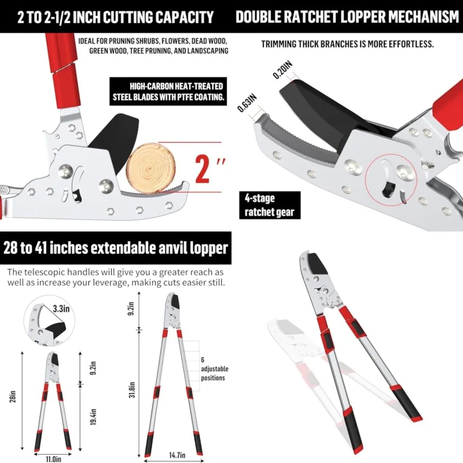 

Heavy-Duty Extendable Loppers, 28"-41" Telescopic Tree Trimmer, Double Ratcheting Branch Cutter, Anvil Lopper for Thick Branche