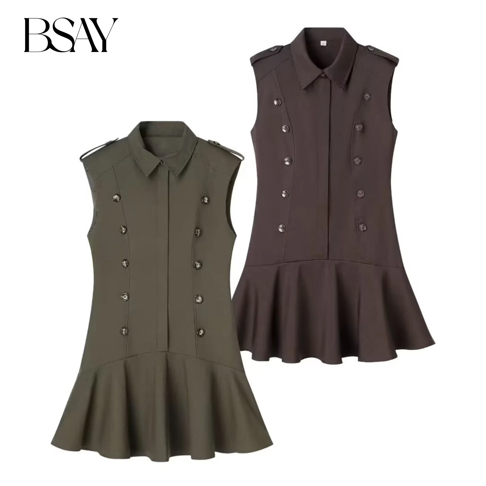 Abito corto plissettato con orlo BSAY con spalline Mini gilet decorativo doppiopetto stile camicia da donna con colletto ribaltabile